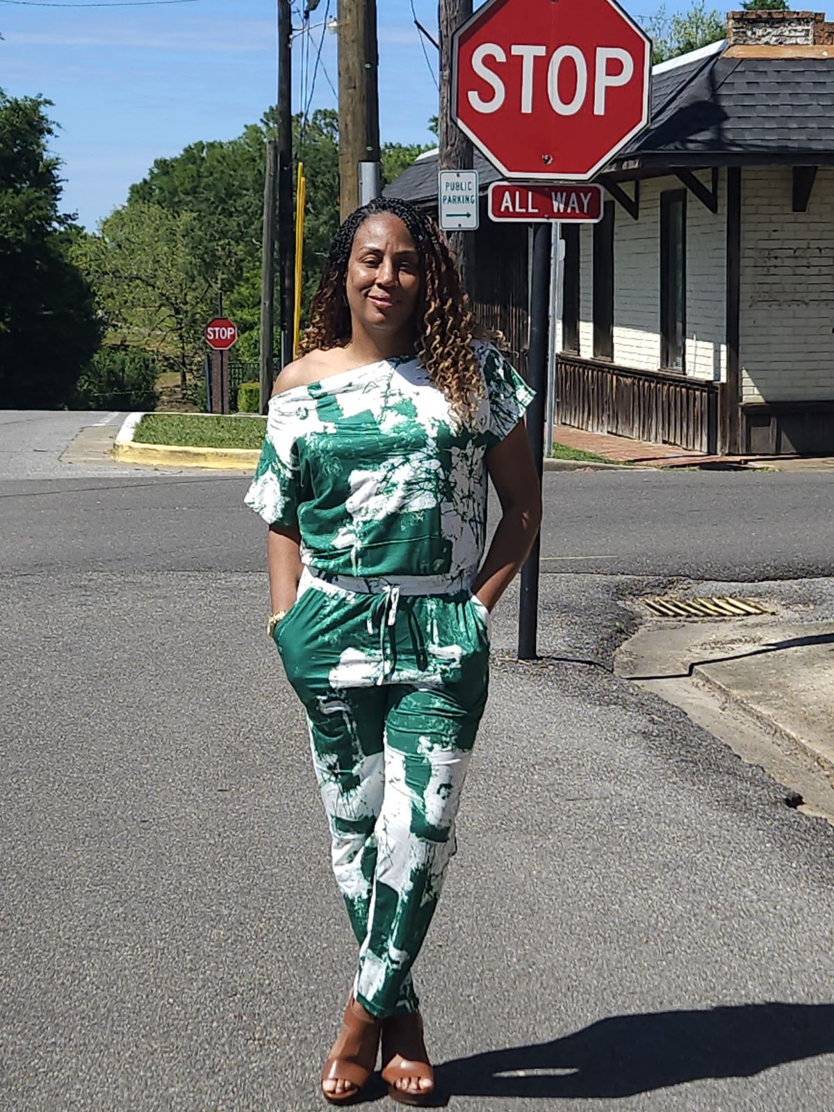 A Little Shoulder Jumpsuit (Green Plus Size)