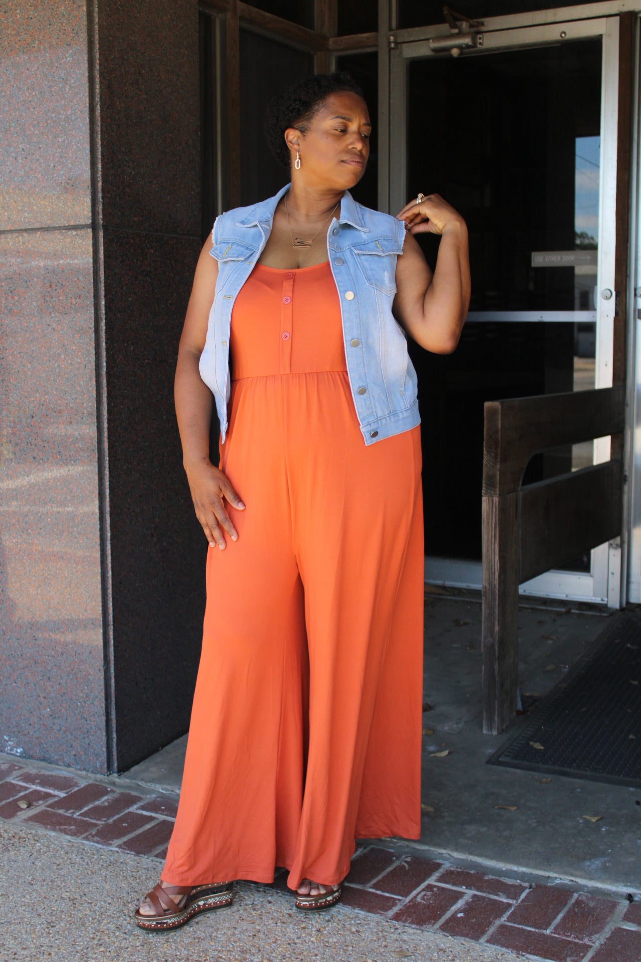 Button Front Wide Leg Jumpsuit
